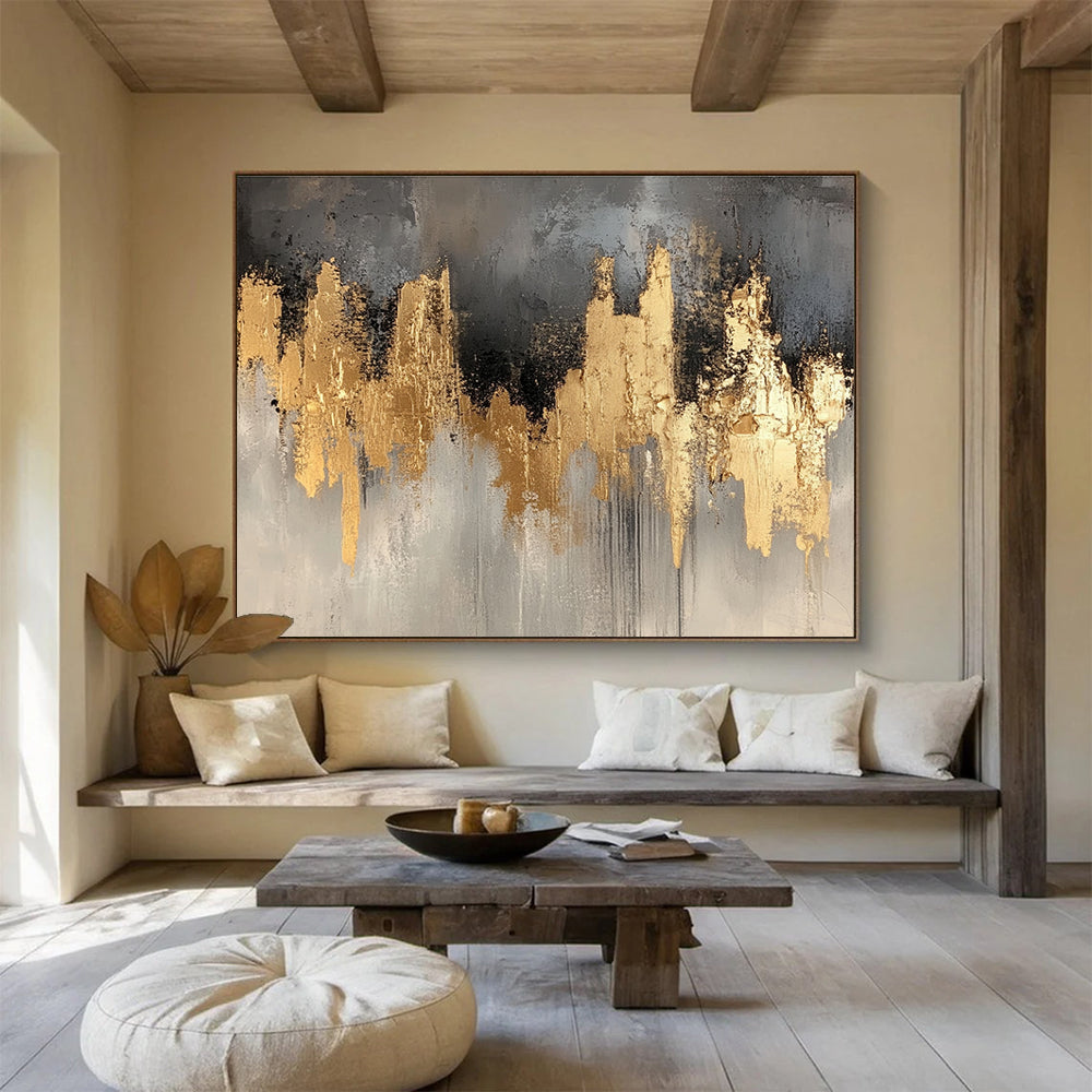 Big Size Gray, Gold, and Black Abstract Cityscape - Acrylic Painting WB296