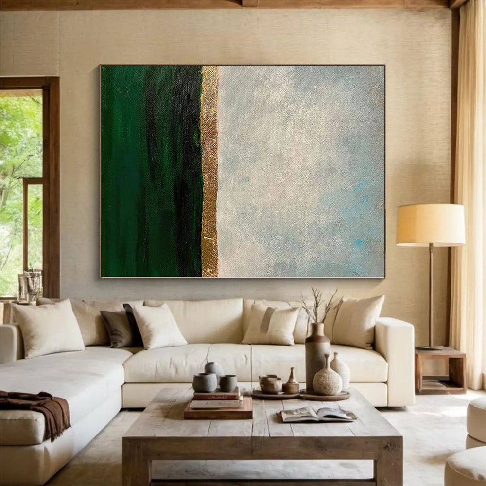 Hand-Painted Green, Gold, and Gray Abstract Landscape Painting For Sale HS045