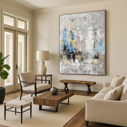 Hand Painted Art Gray, Blue & Gold Textured Abstract, Large Painting In Living Room HS244