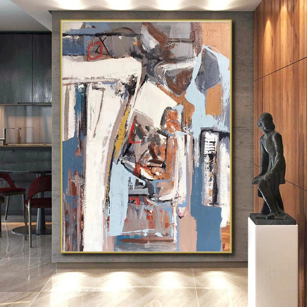 Hand Painted Art Gray, Blue & Terracotta Geometric Abstract, 48x60 Canvas Art HS215