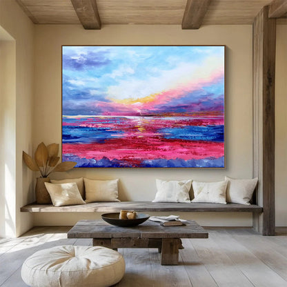 Big Size Pink, Blue and Yellow Abstract Seaside Sunset Painting WB076