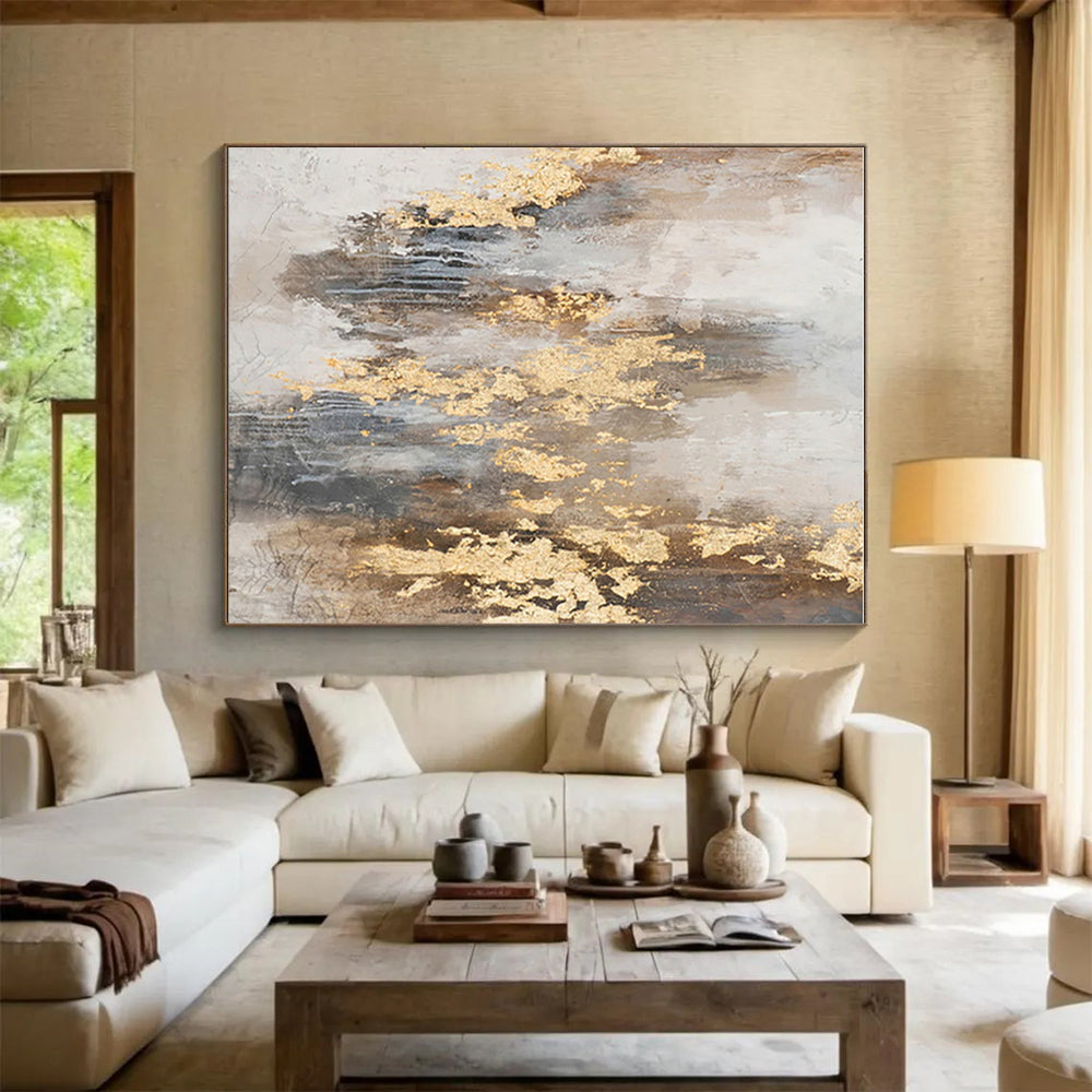 Large Size Acrylic Modern Art Paintings with Gold, Gray, Brown Textures - Oversized Abstract Wall Art HS503