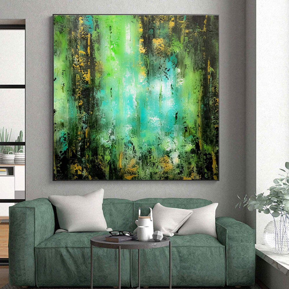 Acrylic Modern Art Paintings Green, Teal, and Gold Textured Abstract Art HS728