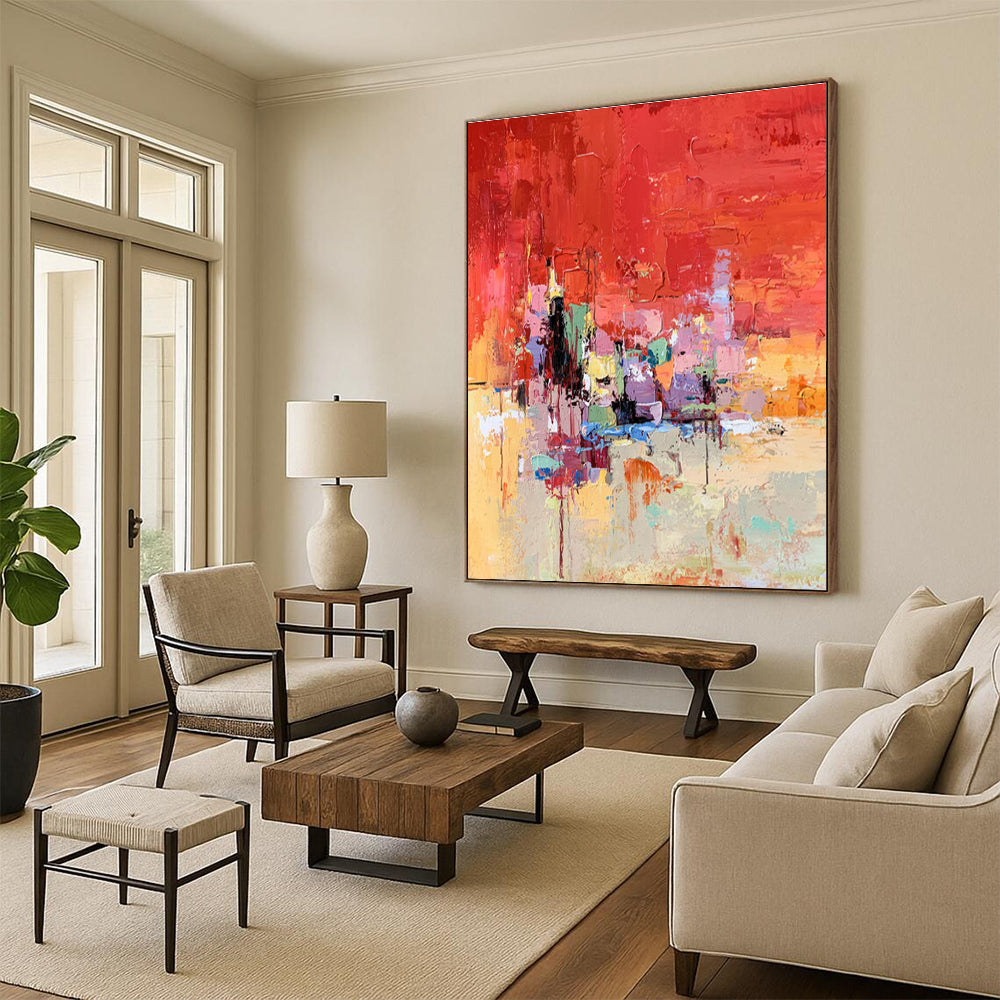 Acrylic Modern Art Paintings Red, Orange, Pink & Multicolor Abstract Cityscape Art HS387