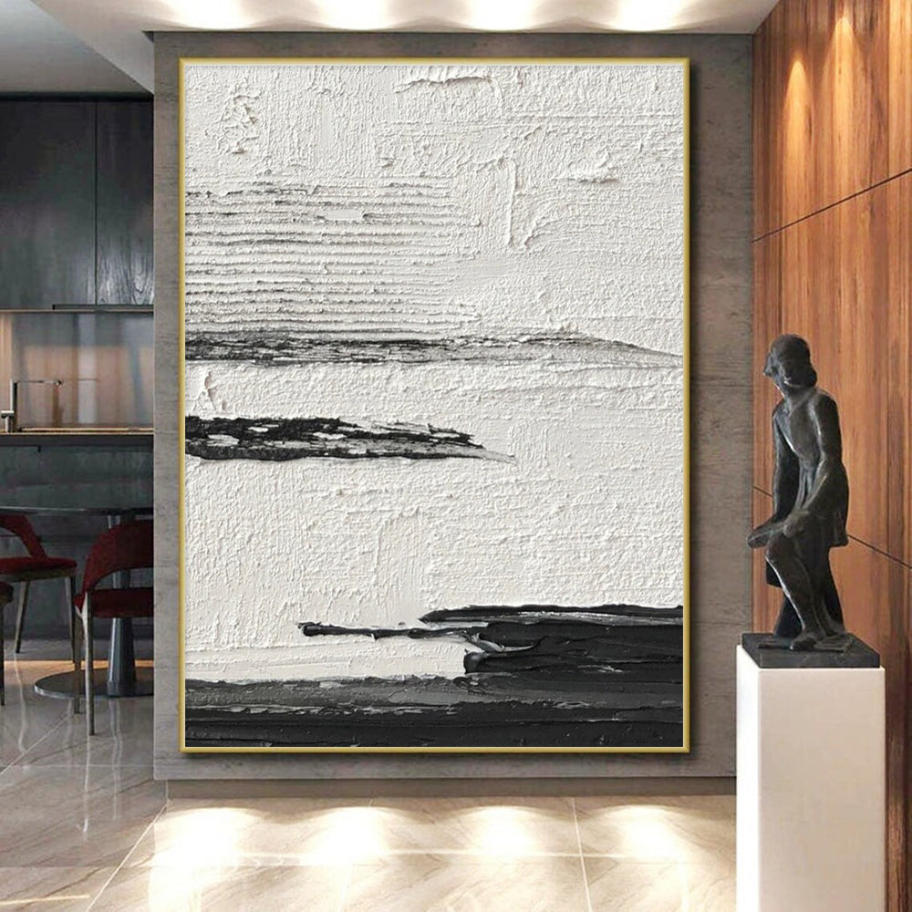 Minimalist Canvas Art Black & White Textured Abstract, Handmade Art HS268