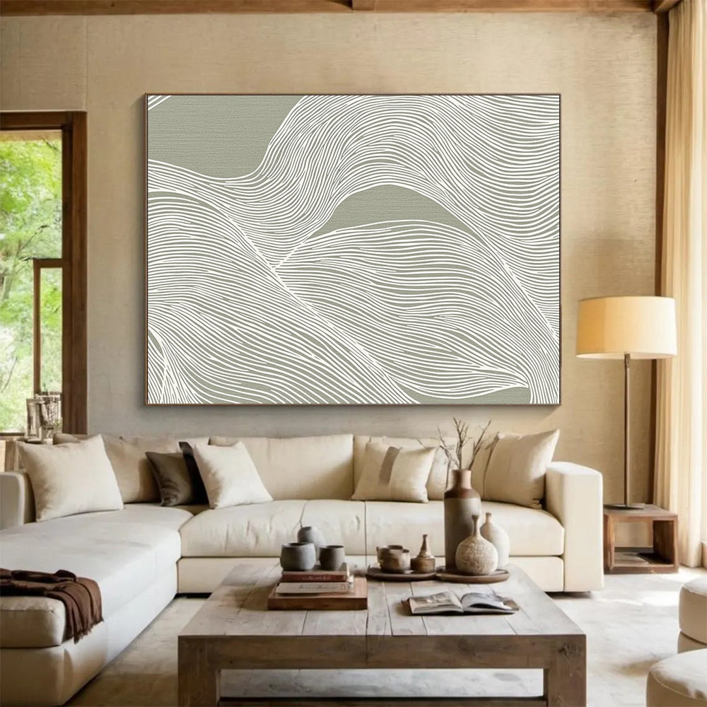 Hand Painted Art Green and White Linear Abstract Art HS192