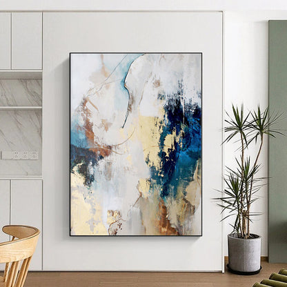 Hand-Painted Blue, Beige, and Gold Abstract Textured Painting For Sale HS011