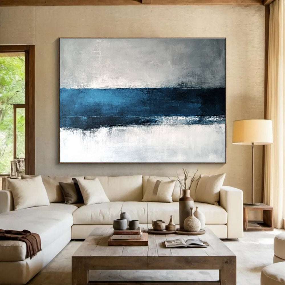 Big Size Blue, Gray, and White Abstract Minimalist Seascape - Acrylic Painting WB282