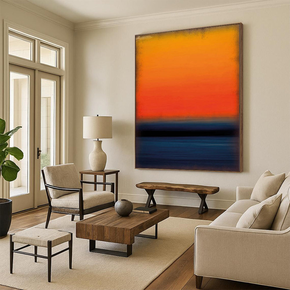 Abstract Square Art Orange and Blue Abstract Sunset Painting For Sale HS100