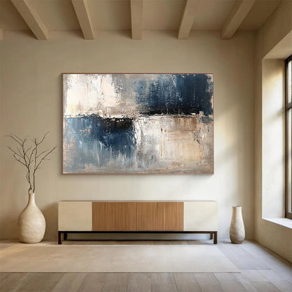 Oversized Canvas Art Blue, Gray, and Beige Abstract Textured Landscape - Acrylic Painting WB277