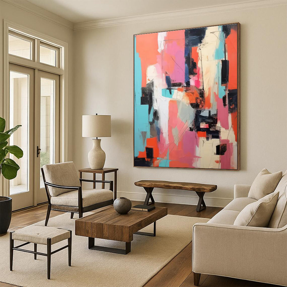 Hand-Painted Coral, Pink & Teal Geometric Abstract, Acrylic Modern Art Painting HS231