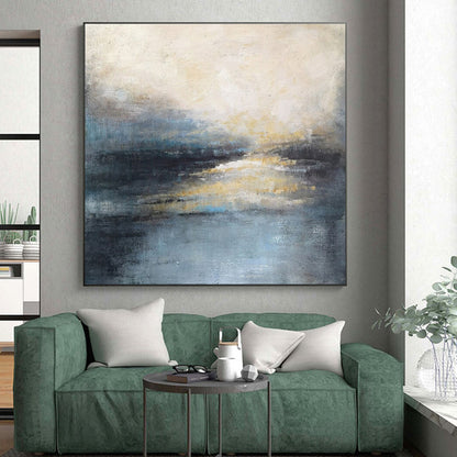 Modern Art Acrylic Blue, Gray, and Gold Textured Abstract Landscape HS707
