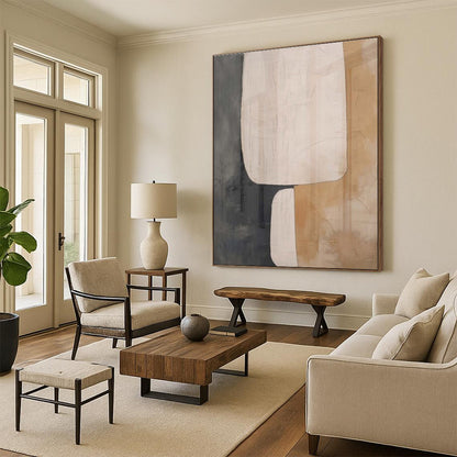 Modern Art Acrylic Beige, Gray, and Black Organic Abstract Art HS669