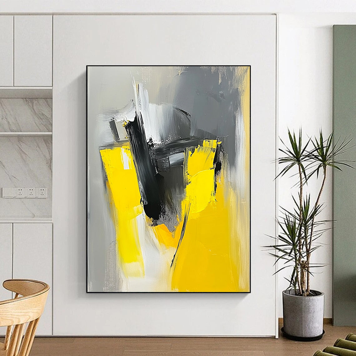 Large Size Yellow, Black, and Gray Abstract Expressive Painting For Sale HS142