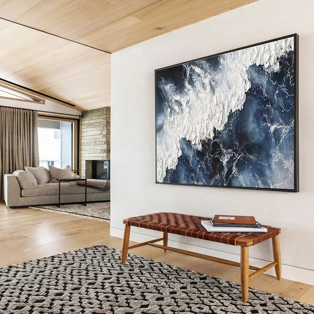 Oversized Canvas Art in Dark Blue and White Abstract Wave Style WB225
