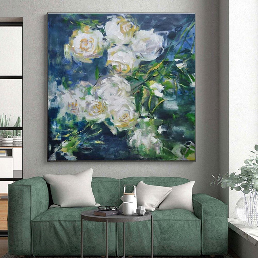 Hand Painted Art White Floral on Blue Abstract Painting HS608