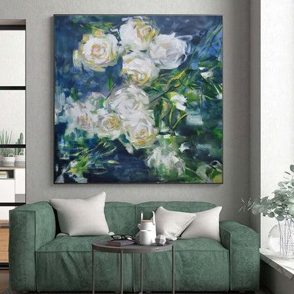Hand Painted Art White Floral on Blue Abstract Painting HS608