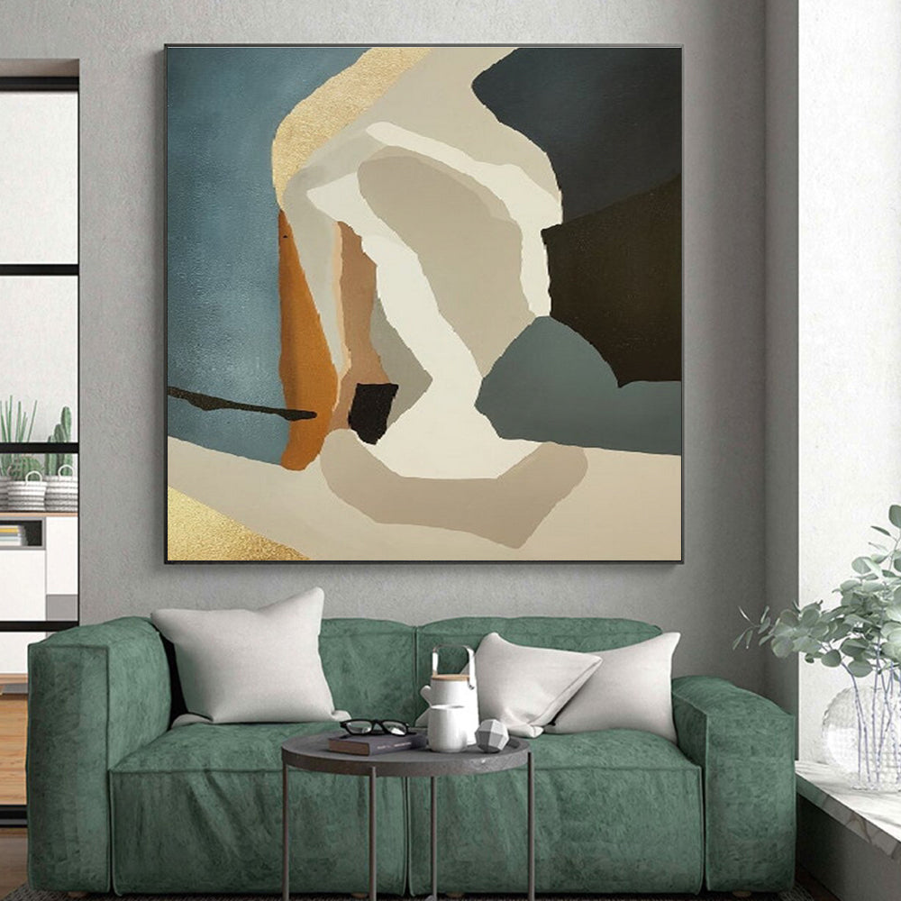 Minimalist Canvas Art Teal, Beige & Black Geometric Abstract, Handmade Art HS235