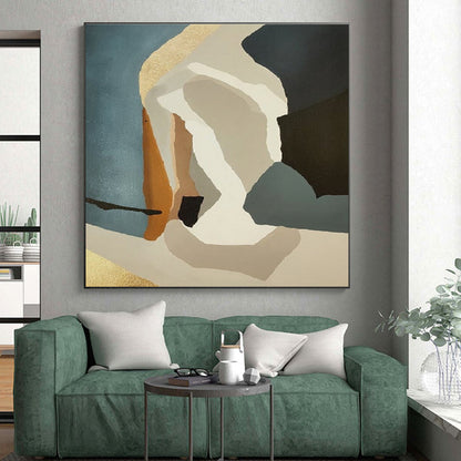 Minimalist Canvas Art Teal, Beige & Black Geometric Abstract, Handmade Art HS235