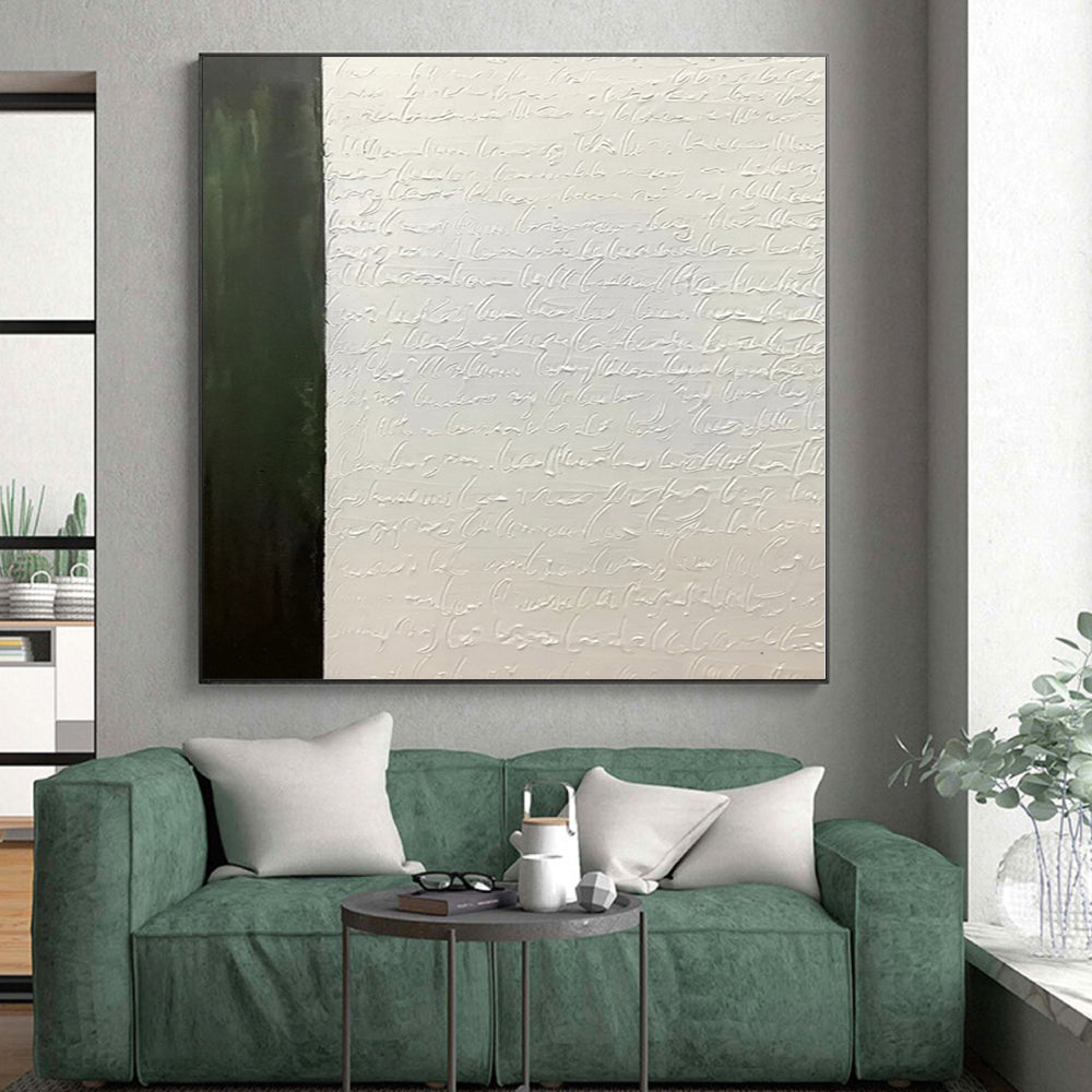 Hand-Painted Green and White Abstract Textured Script Painting For Sale HS041