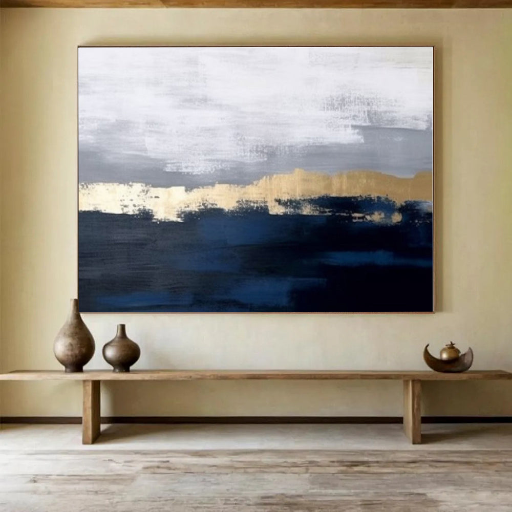 Extra Large Size Blue, Gray and Gold Abstract Landscape Painting WB144