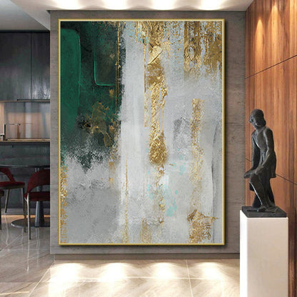 Large Size Green, Gold, and Gray Abstract Textured Painting For Sale HS085