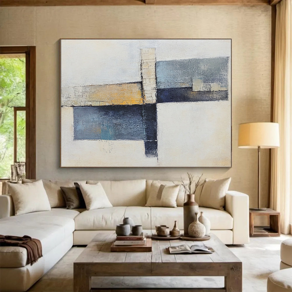 Hand Painted Art Blue, Beige, and Black Abstract Geometric Painting For Sale HS157