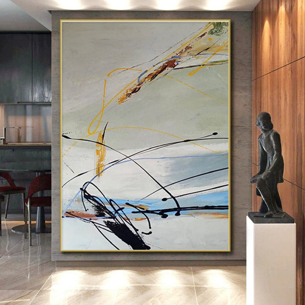 Large Size Black, Yellow & Blue Gestural Abstract, Acrylic Modern Art Painting HS210