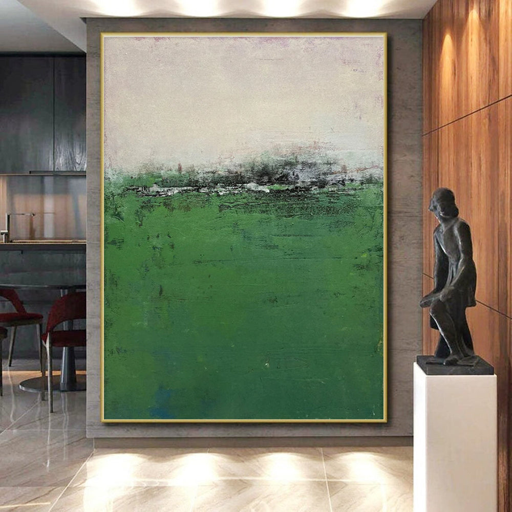 Hand-Painted Minimalist Canvas Art with Green, Gray, Beige Textured Fields - Acrylic Modern Art Painting HS539