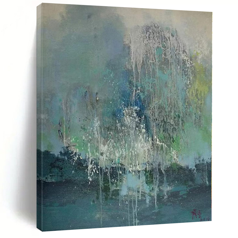 Hand-Painted Blue, Green, and White Abstract Dripping Painting For Sale HS044