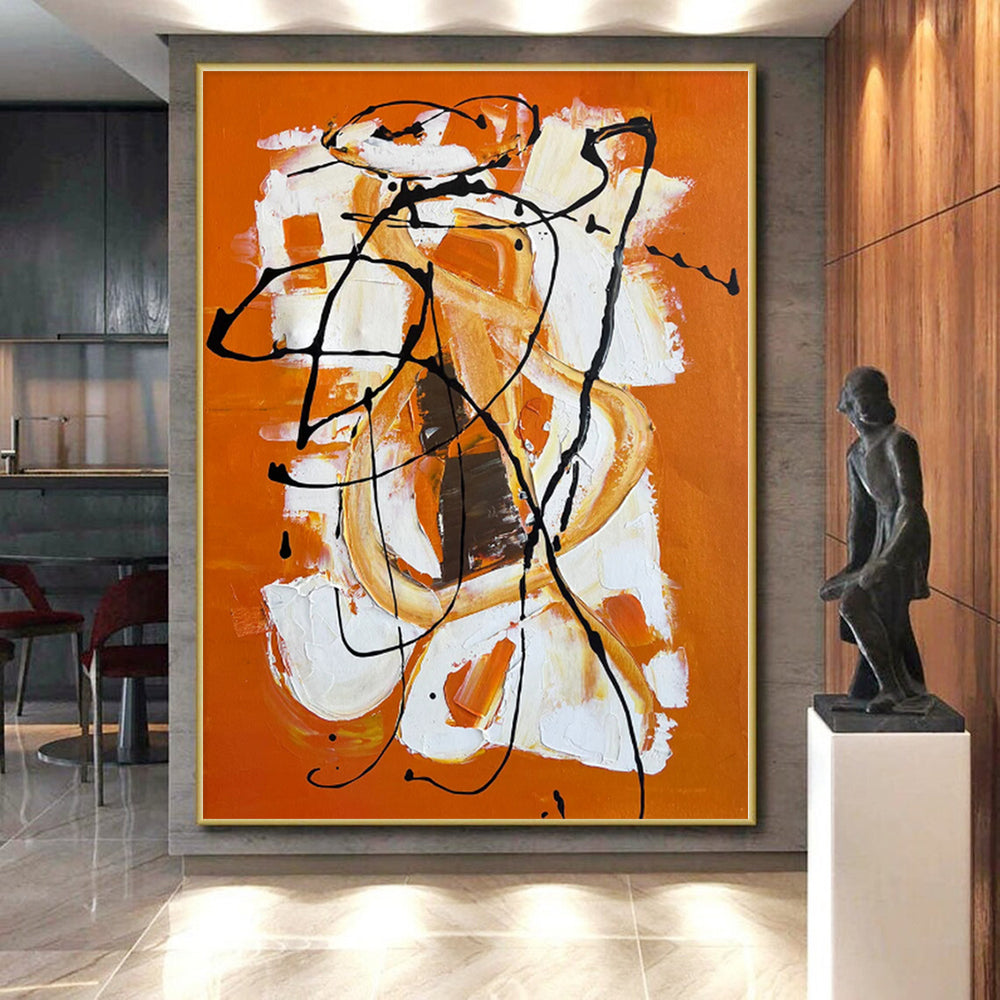 Hand-Painted Orange, White, and Black Abstract Expressive Painting For Sale HS050