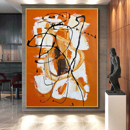 Hand-Painted Orange, White, and Black Abstract Expressive Painting For Sale HS050