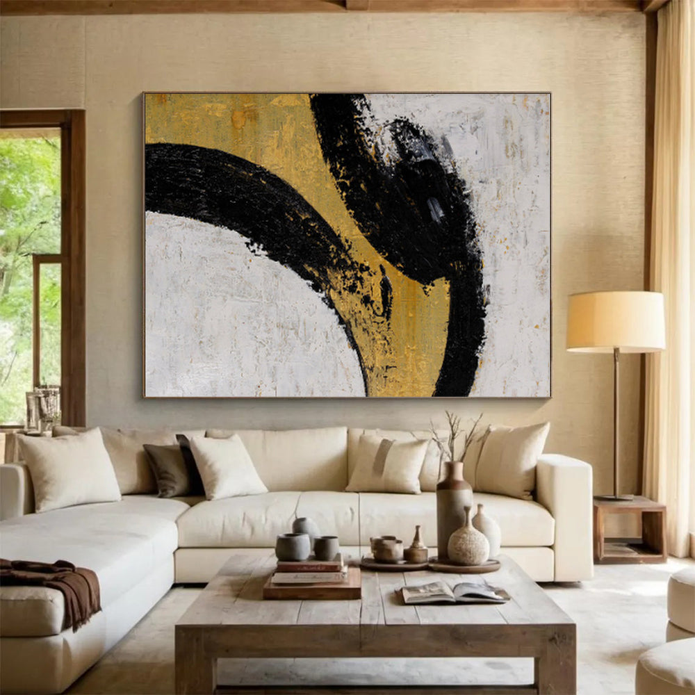 Gaint Canvas Art Black, Gold & White Gestural Abstract, Oversized Abstract Wall Art HS285