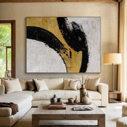 Gaint Canvas Art Black, Gold & White Gestural Abstract, Oversized Abstract Wall Art HS285