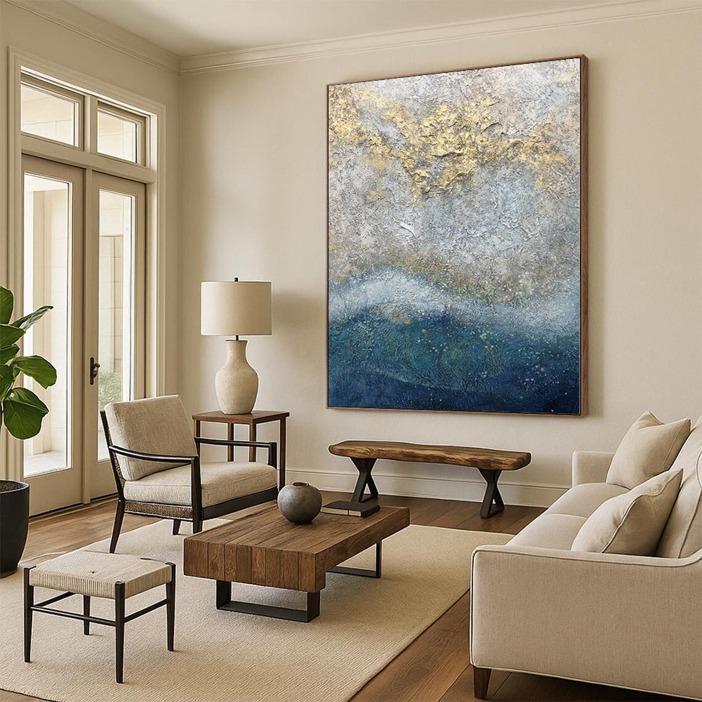 Hand-Painted Gray, Blue, and Gold Textured Abstract Painting For Sale HS005