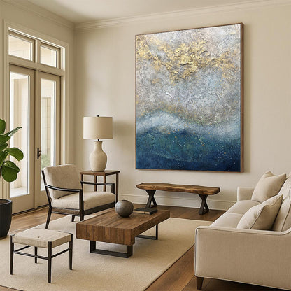 Hand-Painted Gray, Blue, and Gold Textured Abstract Painting For Sale HS005