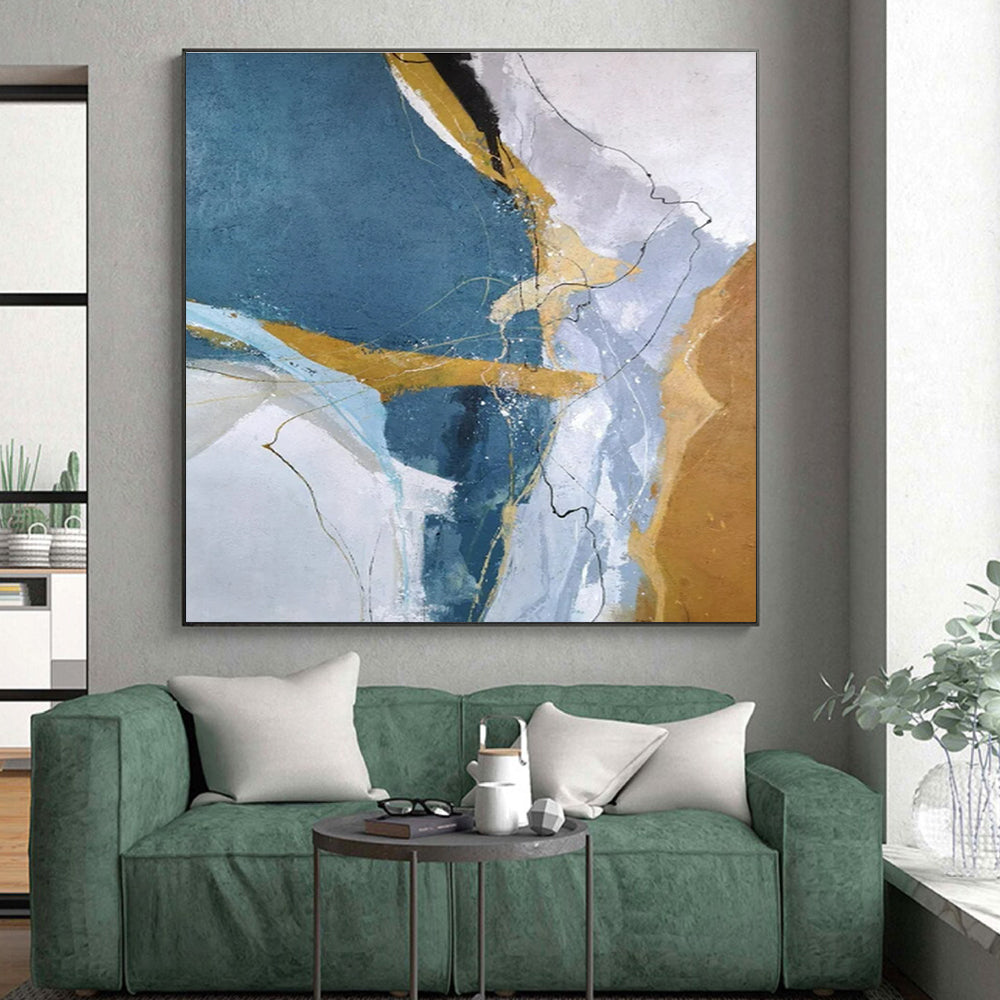Hand Painted Art Blue, Gold, and Gray Textured Abstract Painting On Canvas HS807