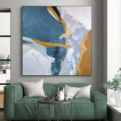 Hand Painted Art Blue, Gold, and Gray Textured Abstract Painting On Canvas HS807