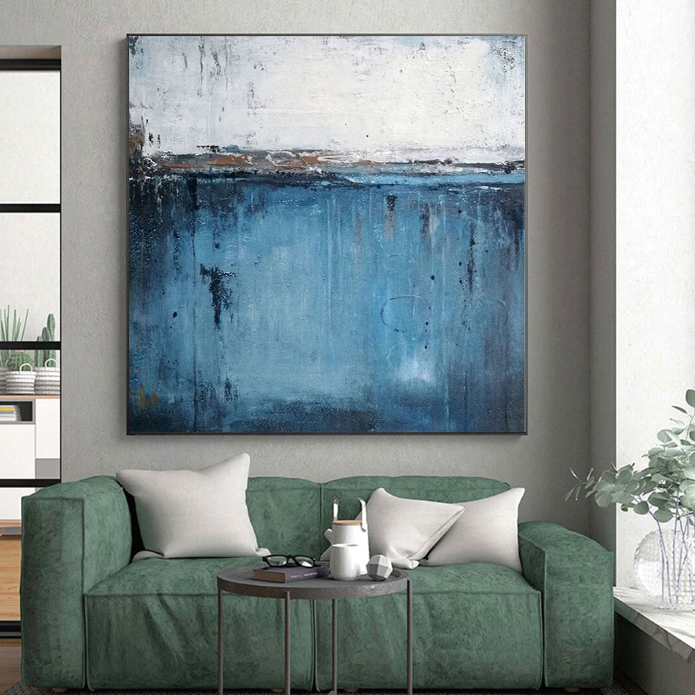 Large Size Blue and White Abstract Dripping Seaside Painting For Sale HS094