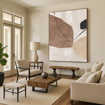 Unique Abstract Paintings Brown, Beige, and Black Abstract Shape Painting For Sale HS086