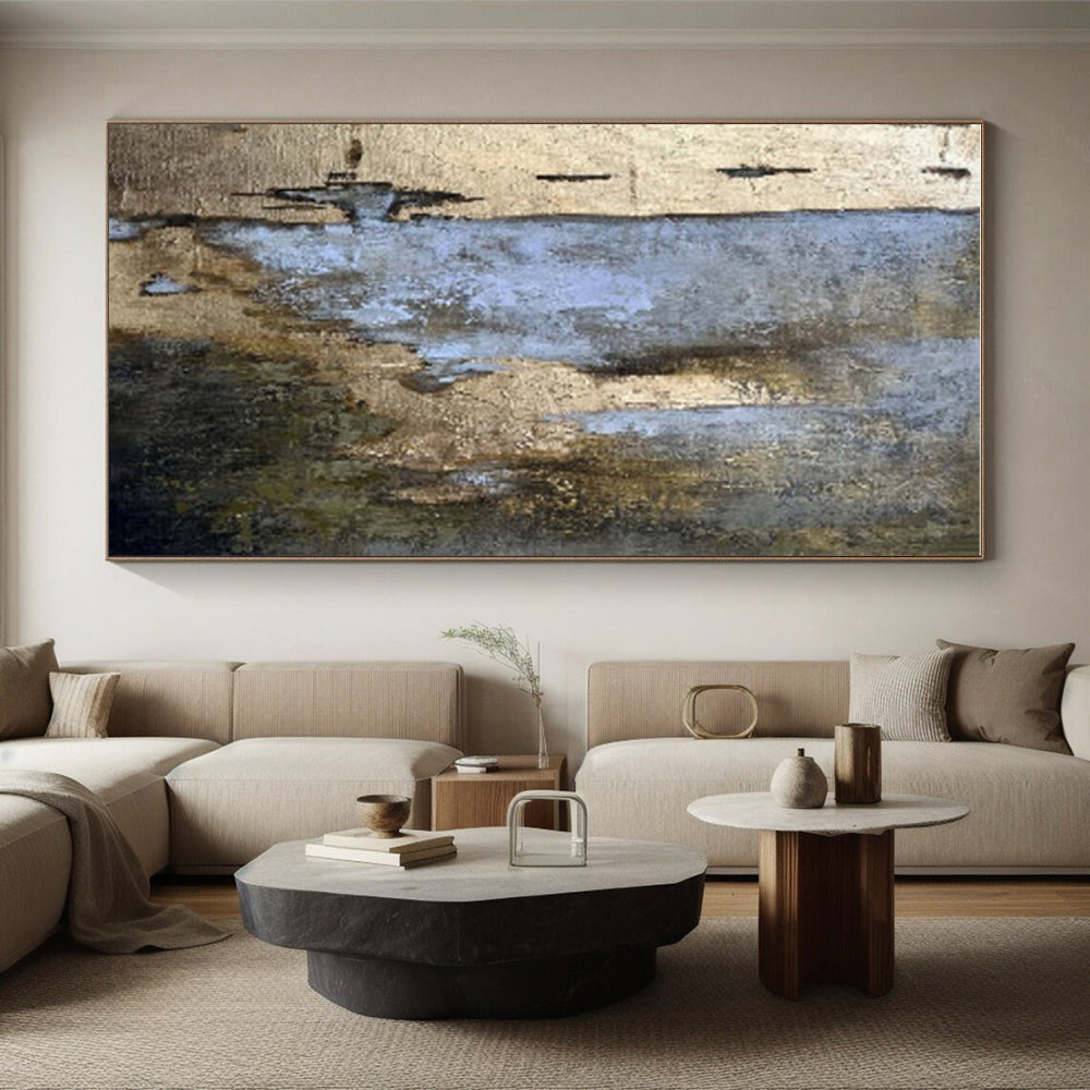 Large Contemporary Wall Art Neutral Tones with Blue and Gold Accents Abstract Art HS648