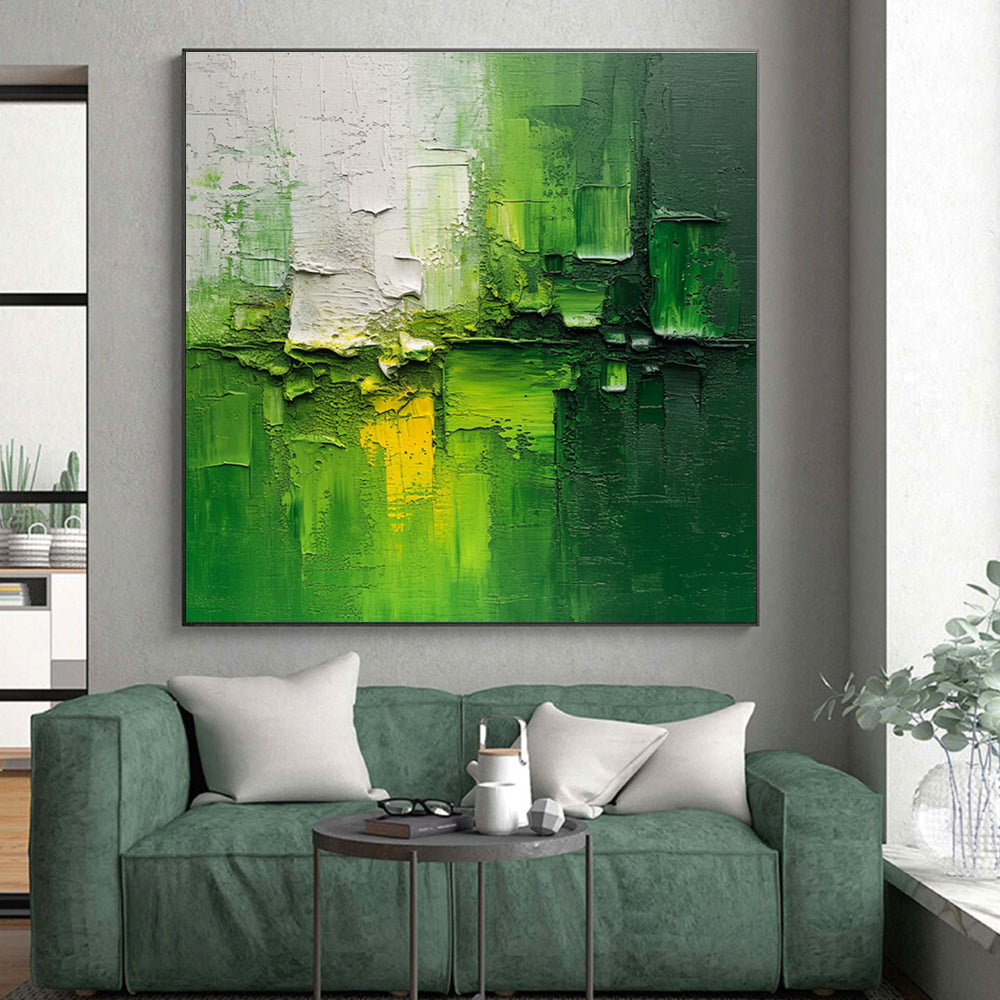 Hand-Painted Green & White Textured Abstract Art, Acrylic Modern Art Painting HS201