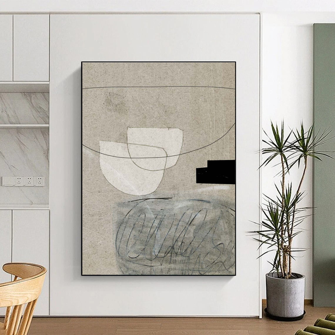 Minimalist Canvas Art Beige & Black Geometric Abstract, Handmade Art HS242