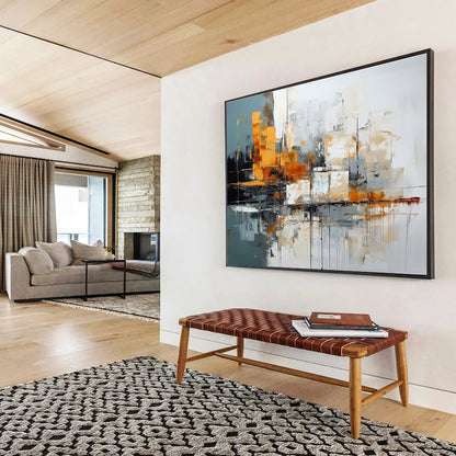 Oversized Canvas Art Gray, Orange, and White Abstract Cityscape, Abstract Acrylic Painting WB164