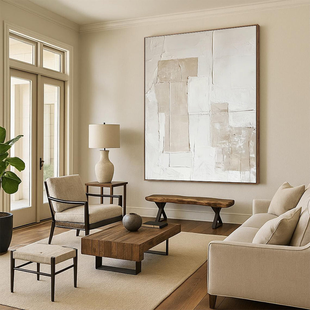 Large Contemporary Wall Art Beige and White Textured Abstract Art HS745