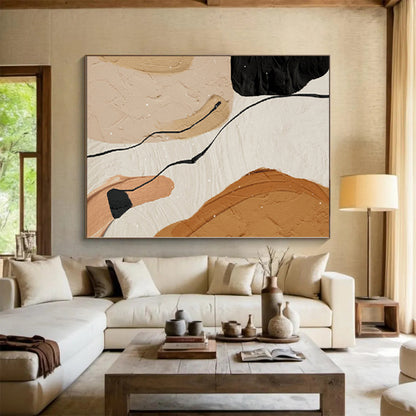 Handmade Art Beige, Brown, and Black Abstract Shape Painting For Sale HS083