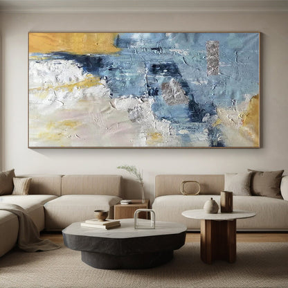 Hand-Painted Blue, Gold & Gray Textured Abstract, Modern Art Acrylic HS250