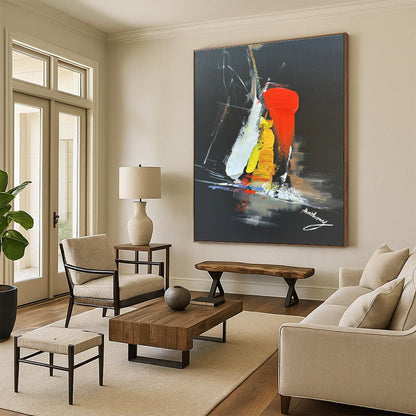 Hand-Painted Art with Red, Yellow, White and Black Colors, Dynamic Abstract Theme on Black Background HS478