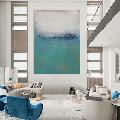 Turquoise, Gray, and White Misty Abstract Seaside Painting For Sale Online WS476
