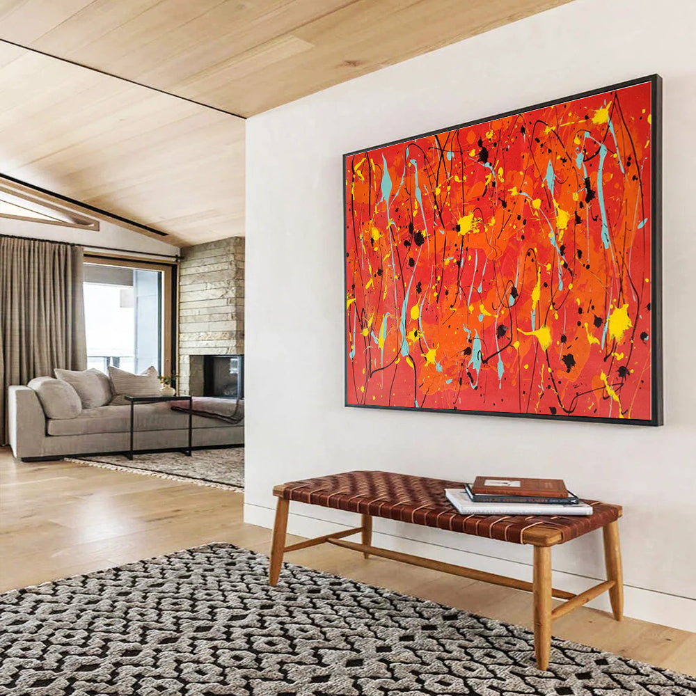 Large Size Orange, Yellow and Blue Abstract Splatter Painting WB075